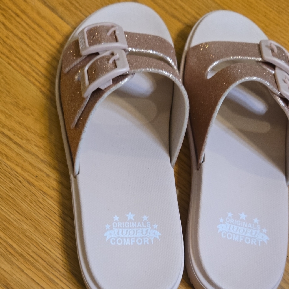 Stylish Women's Slide Sandals - Glittery Brown/Pink